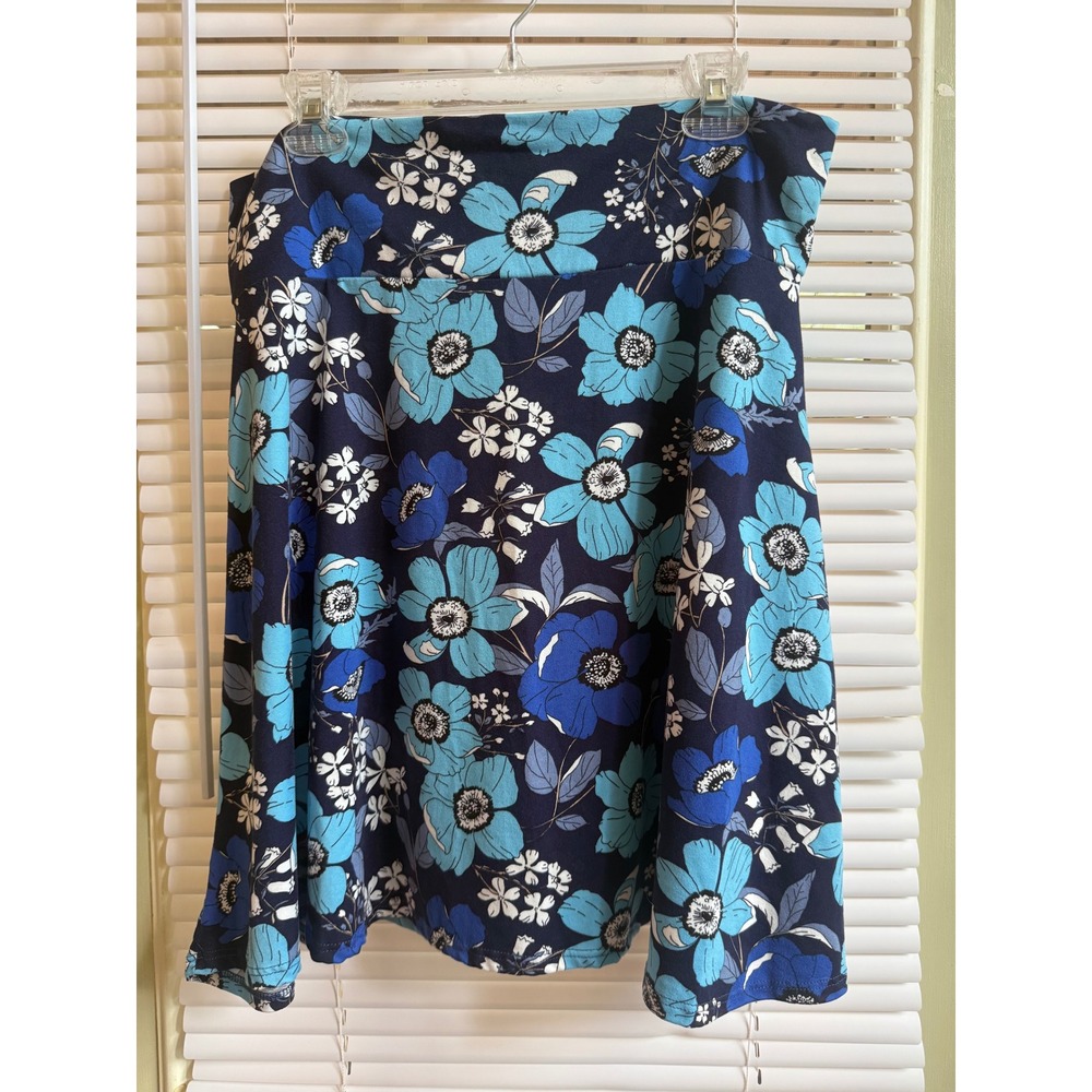 Poof New York Blue Floral A-Line Skirt XL Navy Stretchy Jersey Knit Made in USA